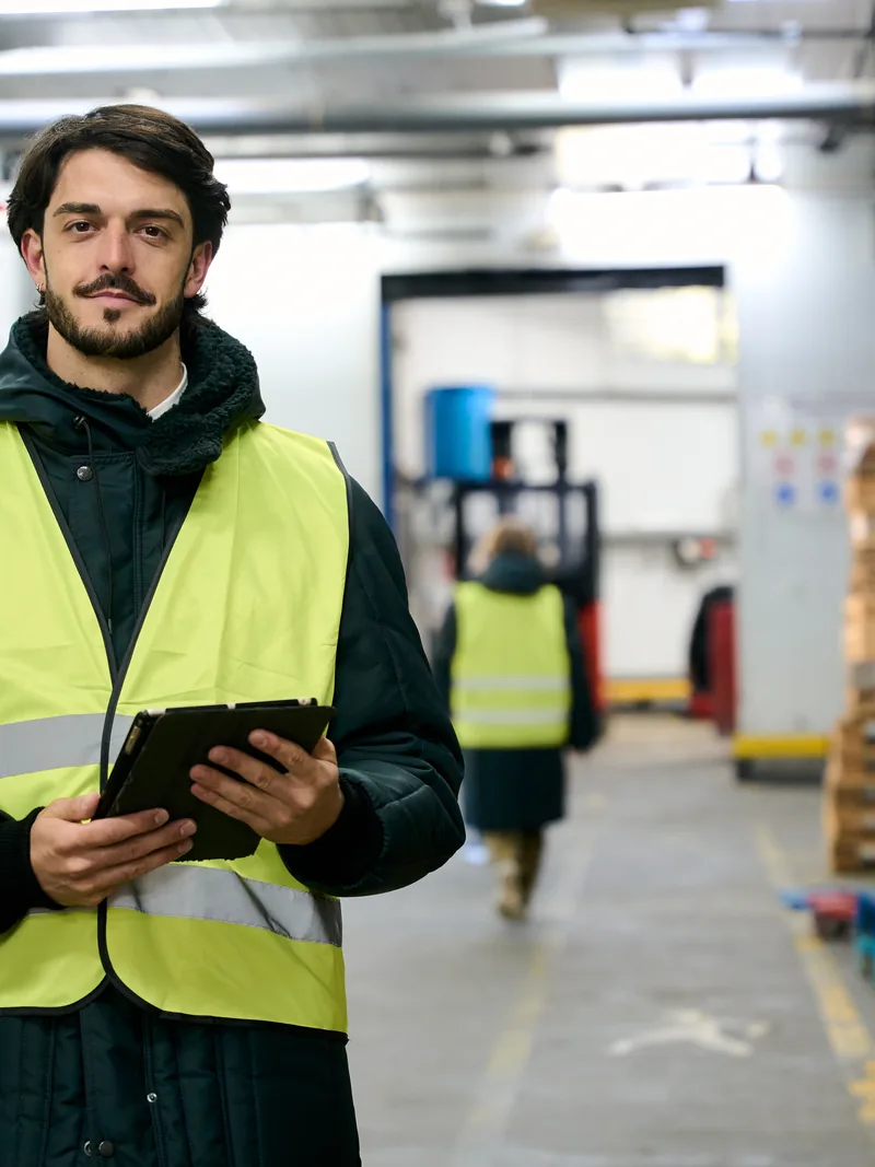 Arbeiten an der Anlagentechnik einer Logistikhalle von einer Scherenbühne aus