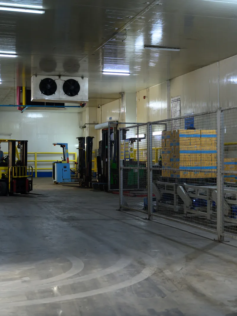 Deckenluftkühler über den Regalreihen einer gekühlten Lagerhalle