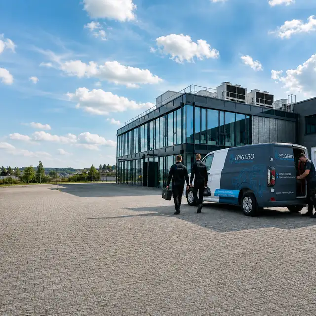 Team der Frigero GmbH mit Servicefahrzeug vor einem Gewerbegebäude