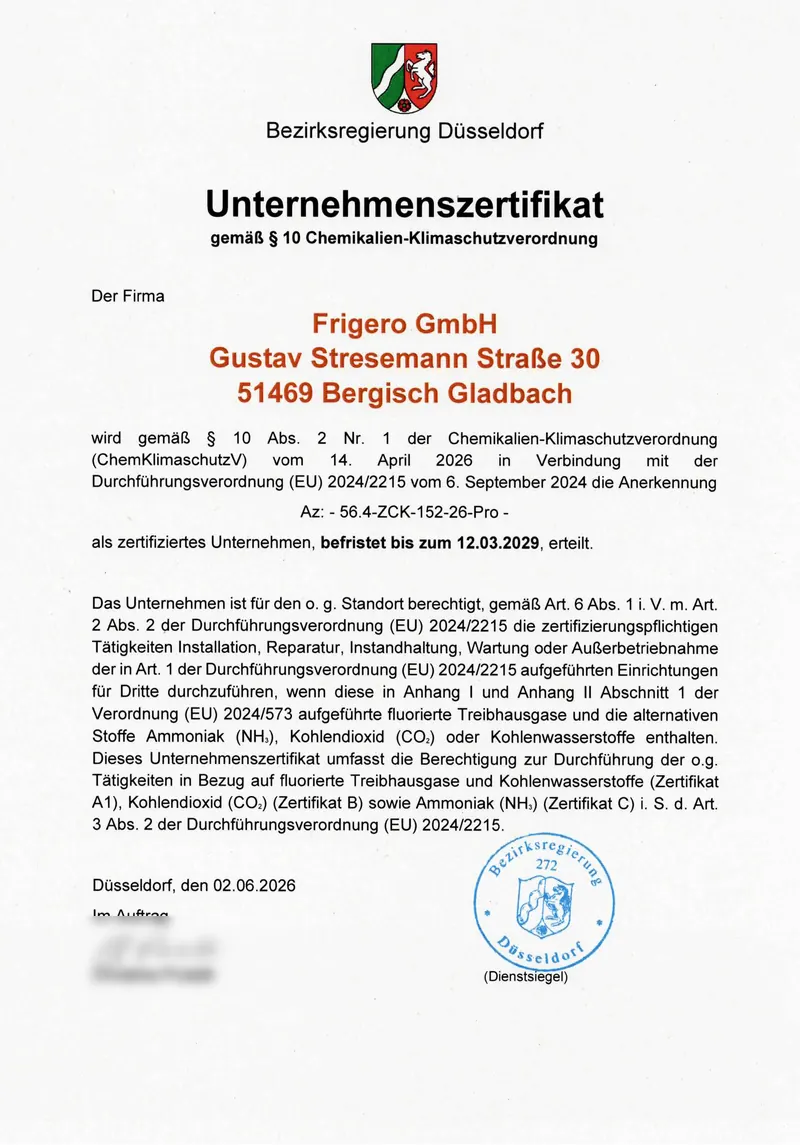Unternehmenszertifikat der Bezirksregierung Düsseldorf für die Frigero GmbH gemäß § 10 Chemikalien-Klimaschutzverordnung